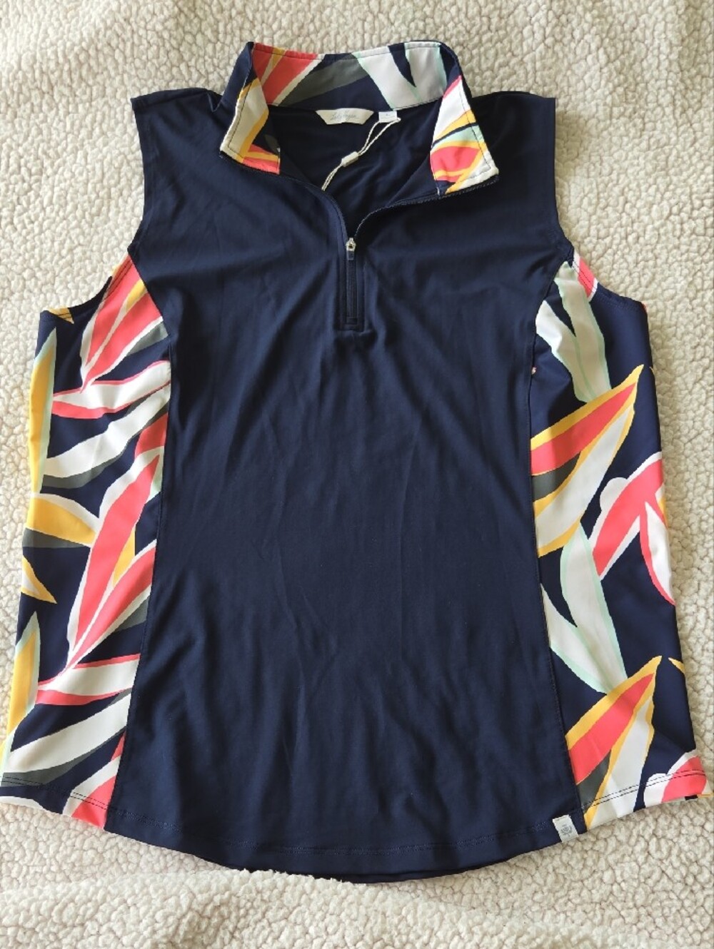 Lady Hagen Navy Mock-Neck Tank with Multicolor Leaf Panels